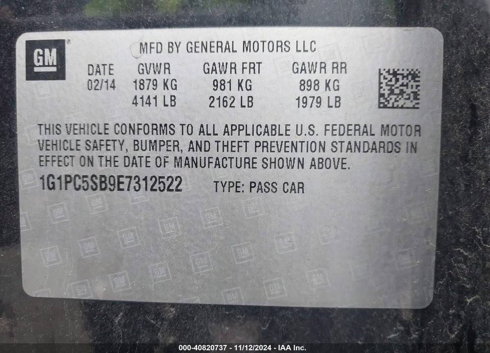 2014 CHEVROLET CRUZE 1LT AUTO VIN: 1G1PC5SB9E7312522