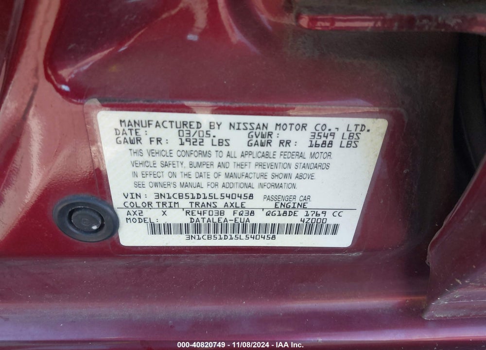 2005 NISSAN SENTRA 1.8S VIN: 3N1CB51D15L540458