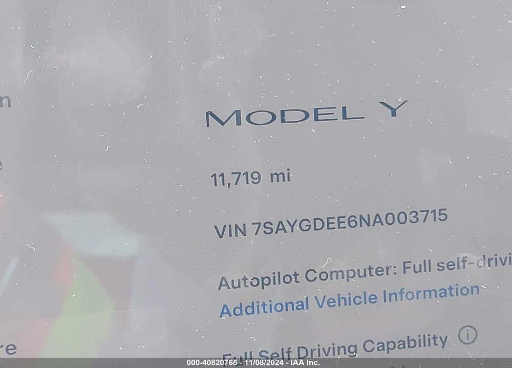 2022 TESLA MODEL Y LONG RANGE DUAL MOTOR ALL-WHEEL DRIVE VIN: 7SAYGDEE6NA003715