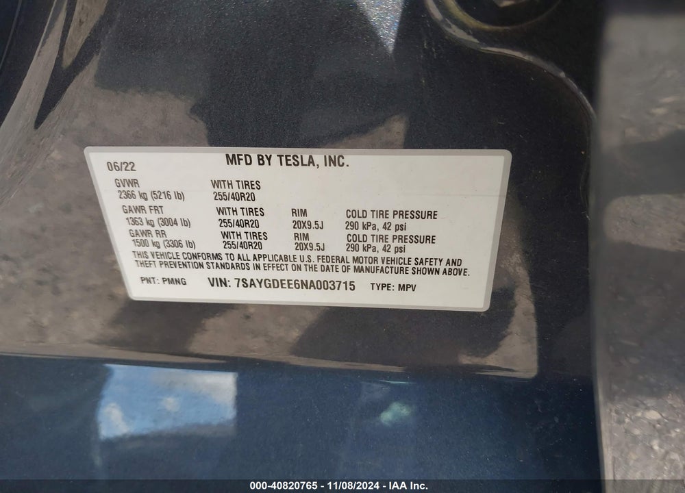 2022 TESLA MODEL Y LONG RANGE DUAL MOTOR ALL-WHEEL DRIVE VIN: 7SAYGDEE6NA003715