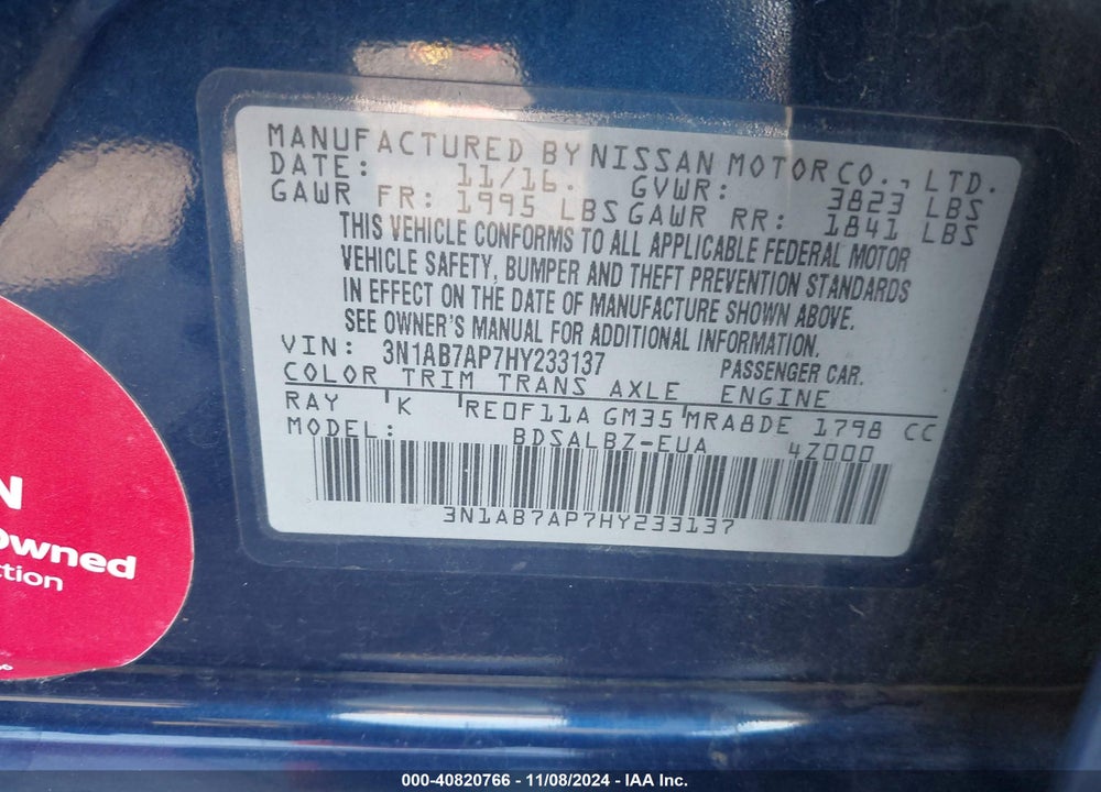 2017 NISSAN SENTRA S VIN: 3N1AB7AP7HY233137
