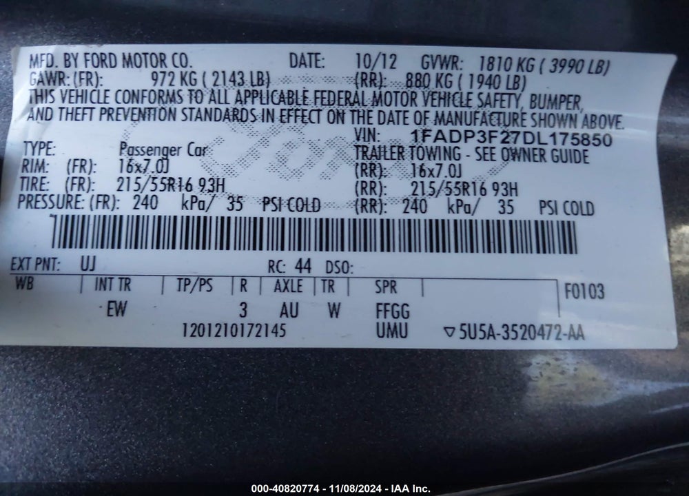 2013 FORD FOCUS SE VIN: 1FADP3F27DL175850