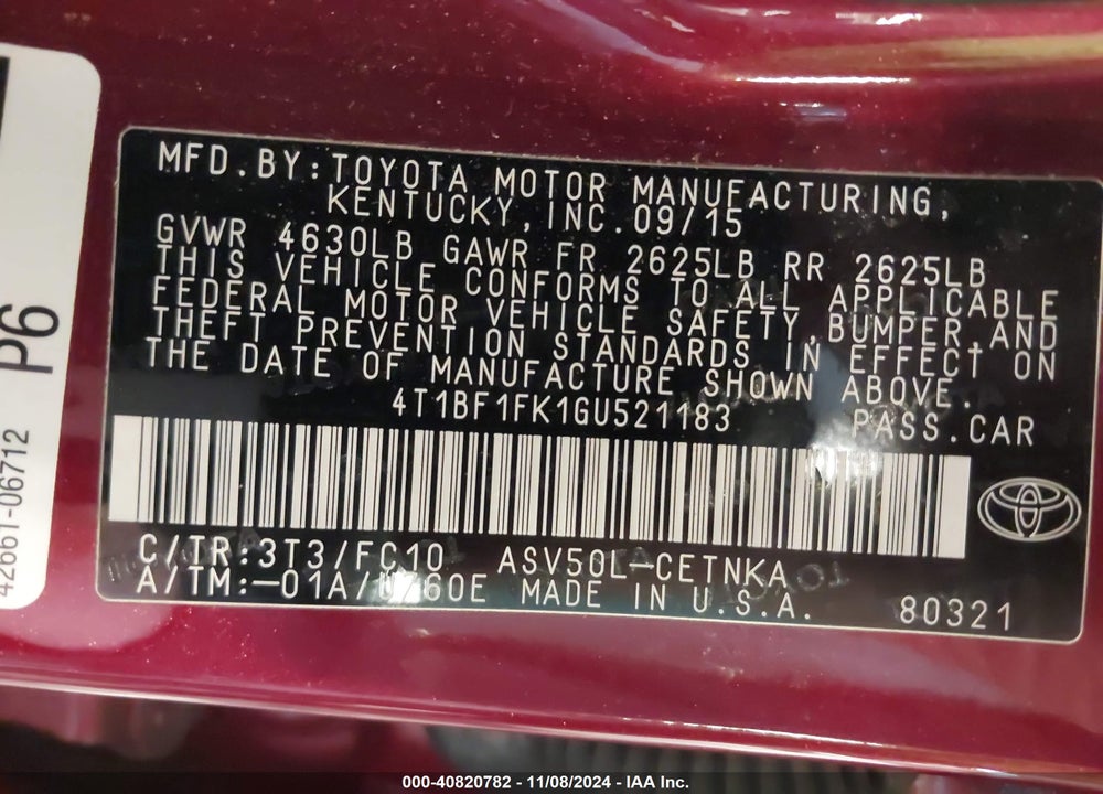2016 TOYOTA CAMRY LE VIN: 4T1BF1FK1GU521183