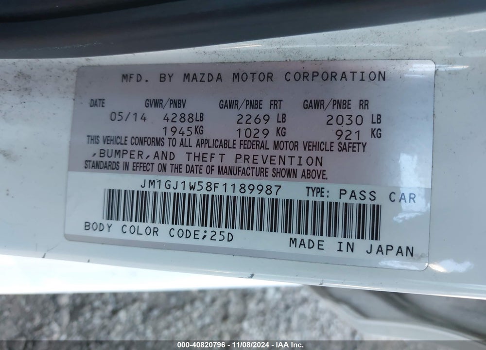 2015 MAZDA 6 I GRAND TOURING VIN: JM1GJ1W58F1189987