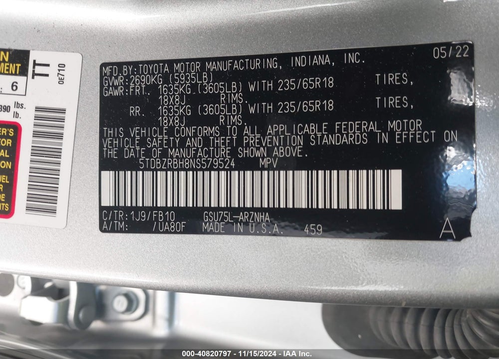 2022 TOYOTA HIGHLANDER LE VIN: 5TDBZRBH8NS579524