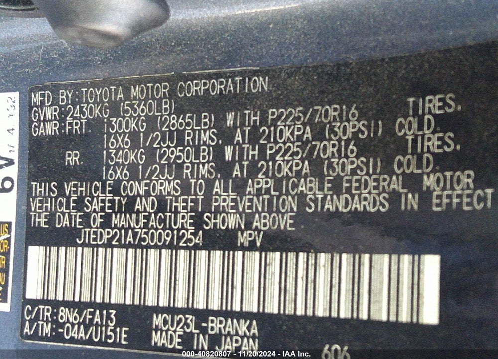 2005 TOYOTA HIGHLANDER V6 VIN: JTEDP21A750091254