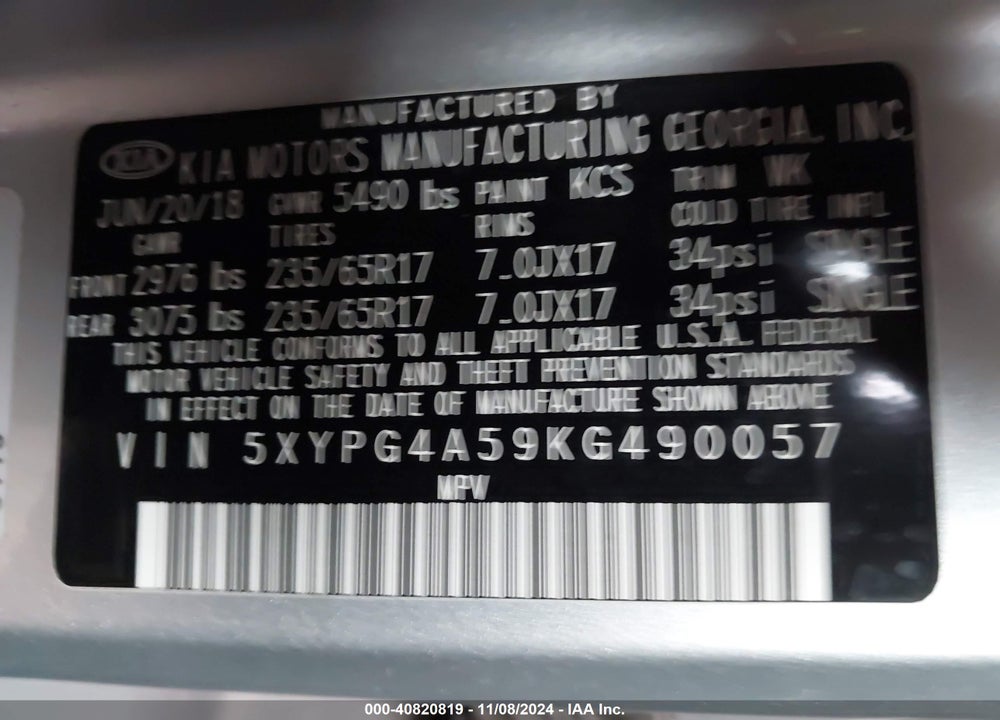2019 KIA SORENTO 3.3L LX VIN: 5XYPG4A59KG490057