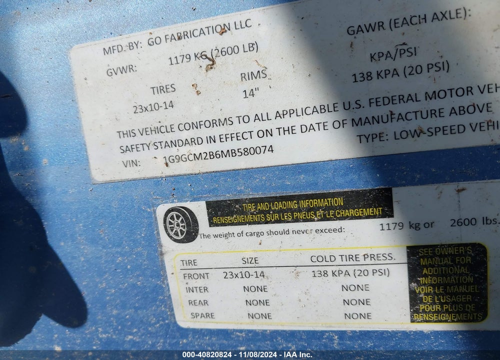 2021 CLUB CAR GOLF CART VIN: 1G9GCM2B6MB580074