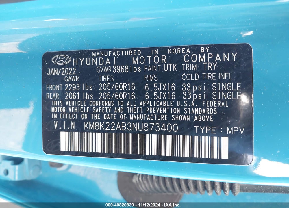 2022 HYUNDAI KONA SE VIN: KM8K22AB3NU873400