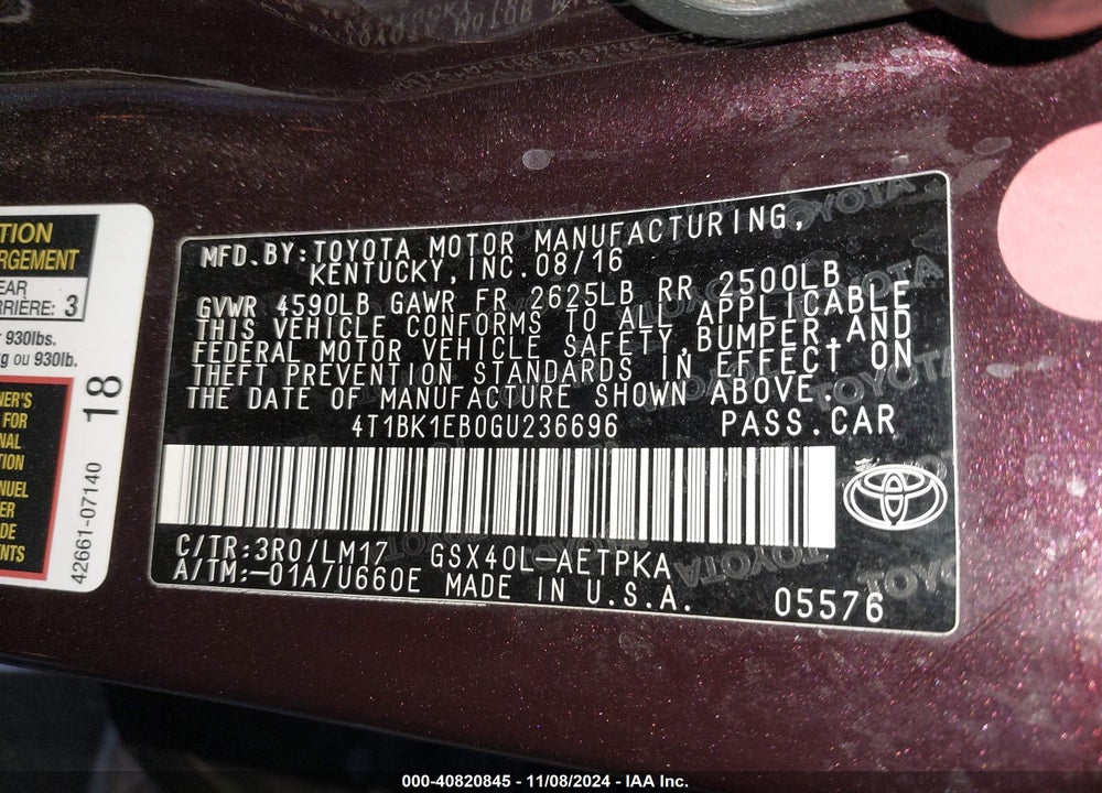 2016 TOYOTA AVALON LIMITED VIN: 4T1BK1EB0GU236696