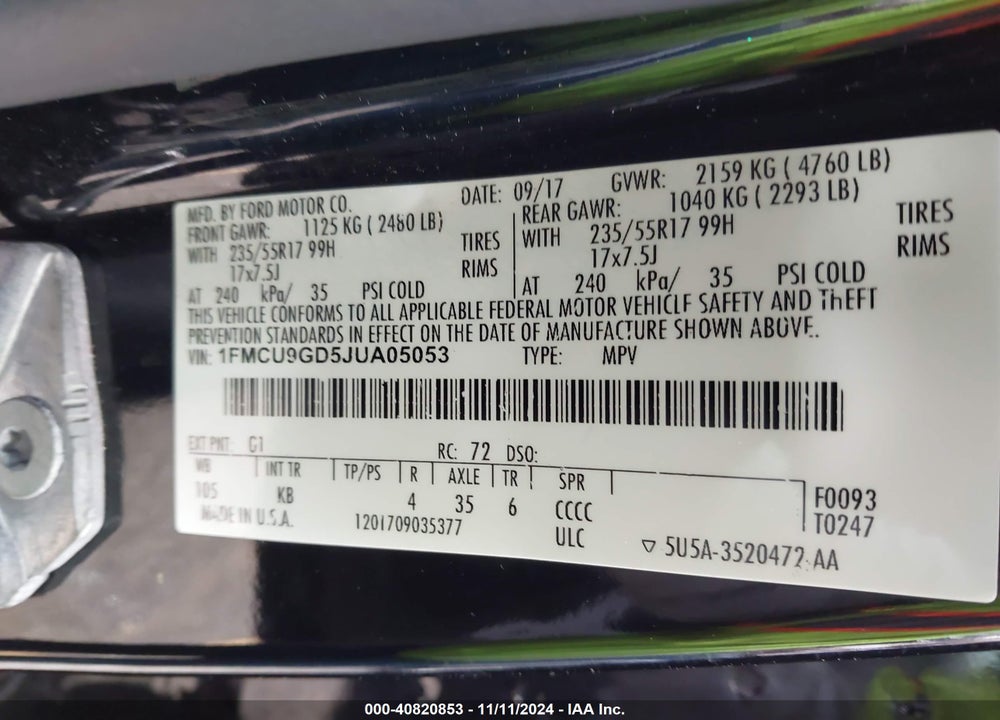 2018 FORD ESCAPE SE VIN: 1FMCU9GD5JUA05053