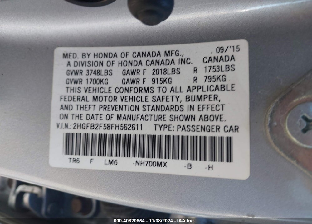 2015 HONDA CIVIC LX VIN: 2HGFB2F58FH562611