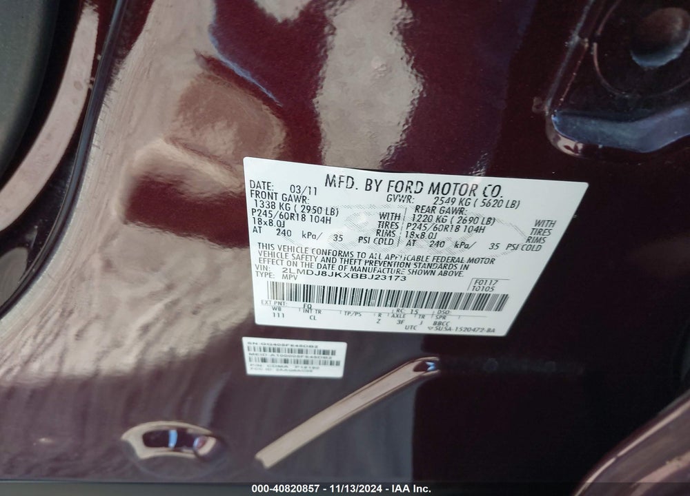 2011 LINCOLN MKX VIN: 2LMDJ8JKXBBJ23173