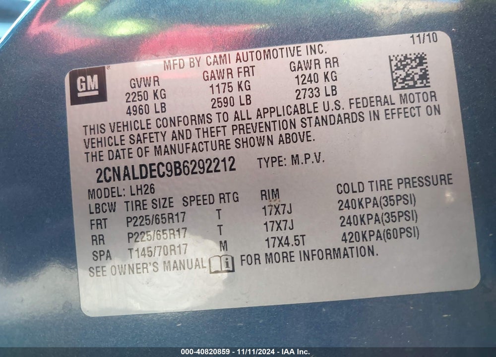 2011 CHEVROLET EQUINOX 1LT VIN: 2CNALDEC9B6292212
