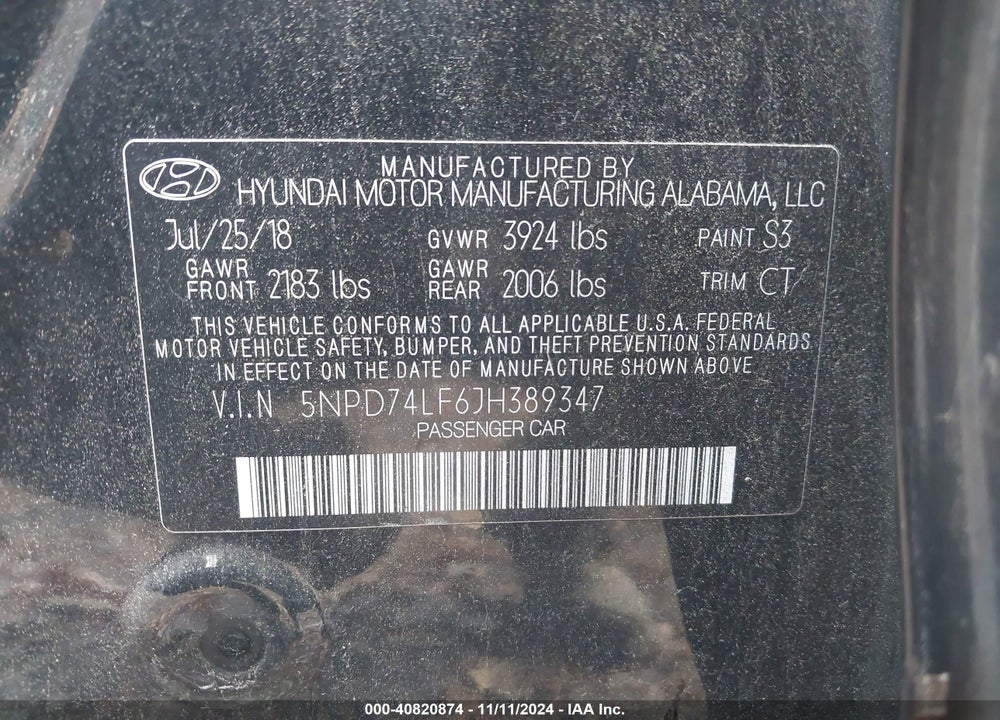 2018 HYUNDAI ELANTRA SE VIN: 5NPD74LF6JH389347
