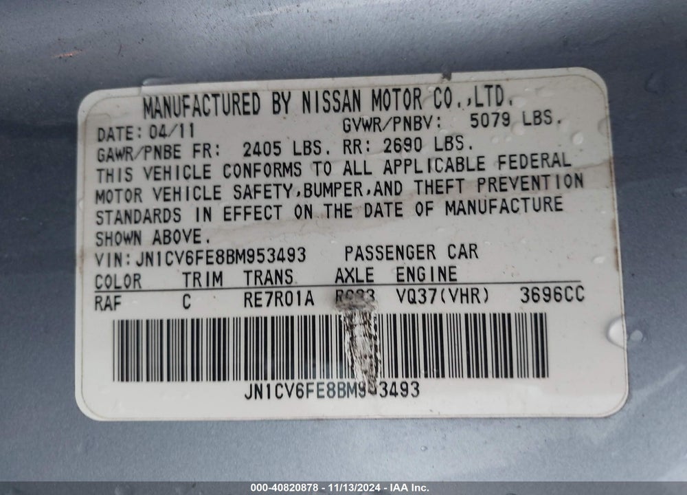 2011 INFINITI G37 VIN: JN1CV6FE8BM953493