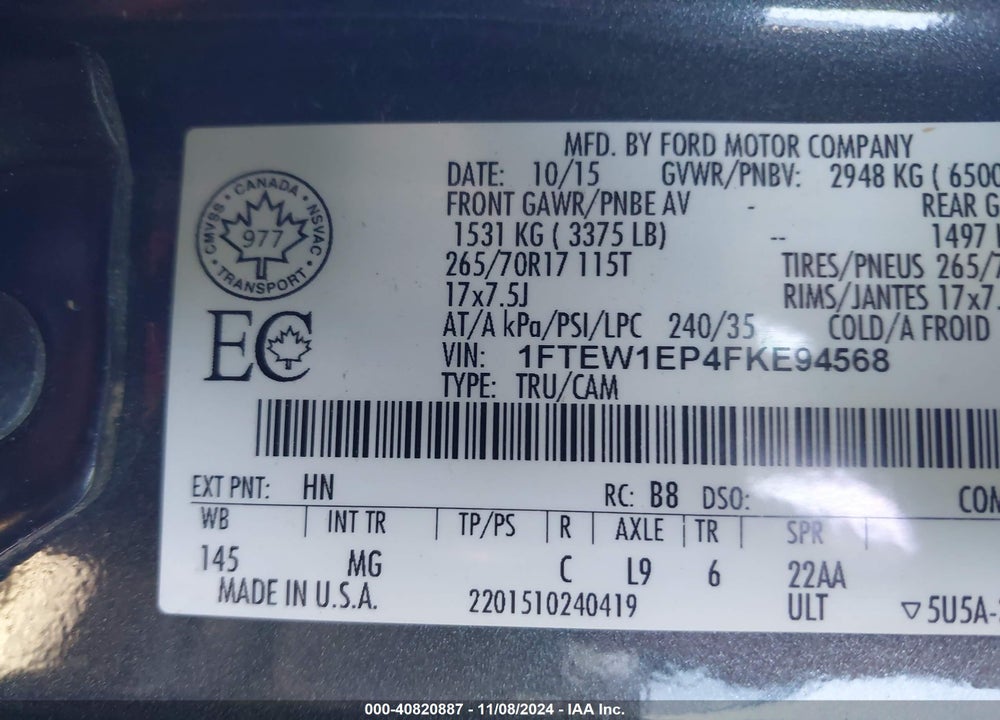 2015 FORD F-150 XLT VIN: 1FTEW1EP4FKE94568