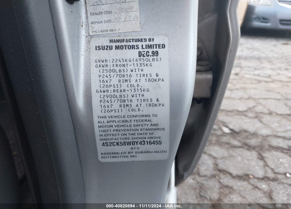 2000 ISUZU RODEO LS/LSE/S 3.2L VIN: 4S2CK58W0Y4316455