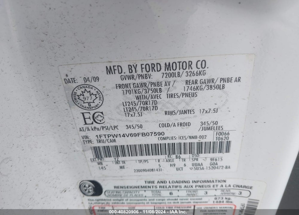 2009 FORD F-150 XLT VIN: 1FTPW14V69FB07590