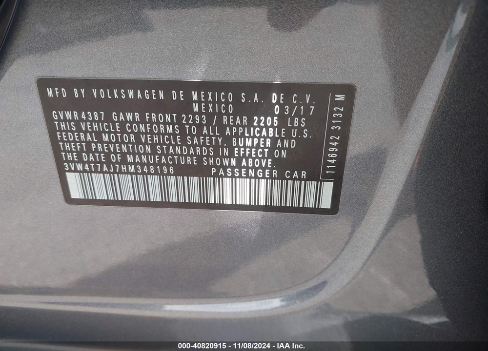 2017 VOLKSWAGEN JETTA GLI VIN: 3VW4T7AJ7HM348196