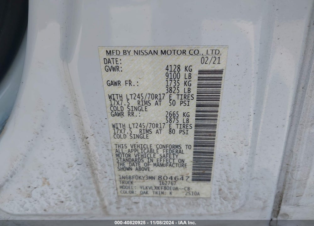 2021 NISSAN NV CARGO NV2500 HD SV STANDARD ROOF V6 VIN: 1N6BF0KY3MN804647