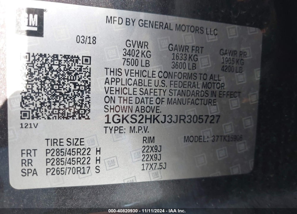 2018 GMC YUKON XL DENALI VIN: 1GKS2HKJ3JR305727