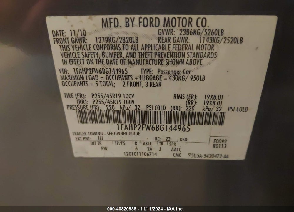 2011 FORD TAURUS LIMITED VIN: 1FAHP2FW6BG144965