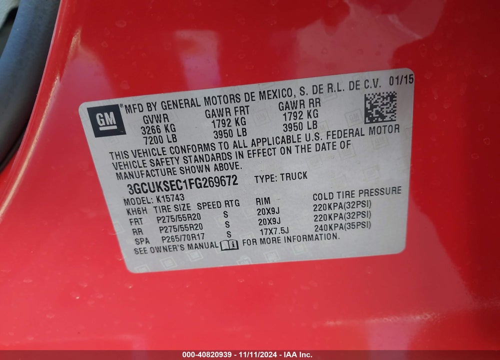 2015 CHEVROLET SILVERADO 1500 1LZ VIN: 3GCUKSEC1FG269672