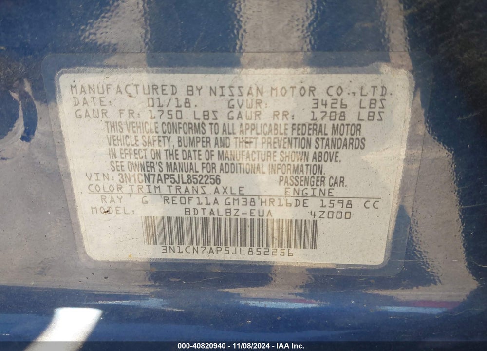 2018 NISSAN VERSA 1.6 SV VIN: 3N1CN7AP5JL852256