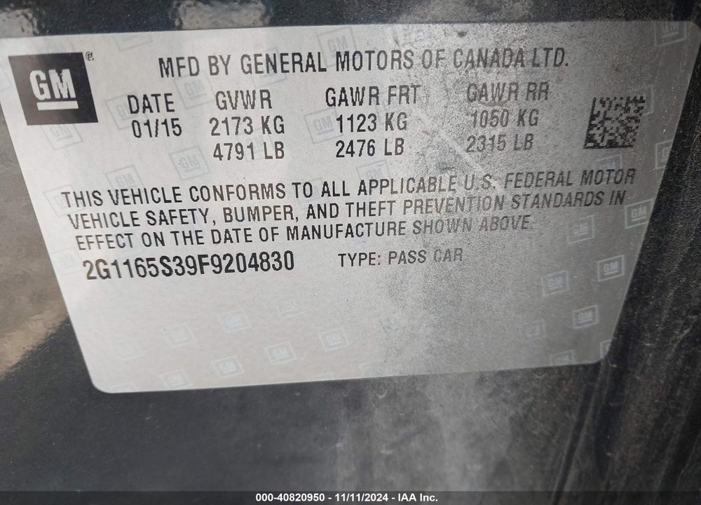 2015 CHEVROLET IMPALA 2LZ VIN: 2G1165S39F9204830