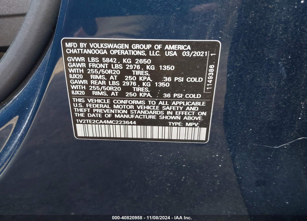 2021 VOLKSWAGEN ATLAS CROSS SPORT 3.6L V6 SEL PREMIUM VIN: 1V2TE2CA4MC223644