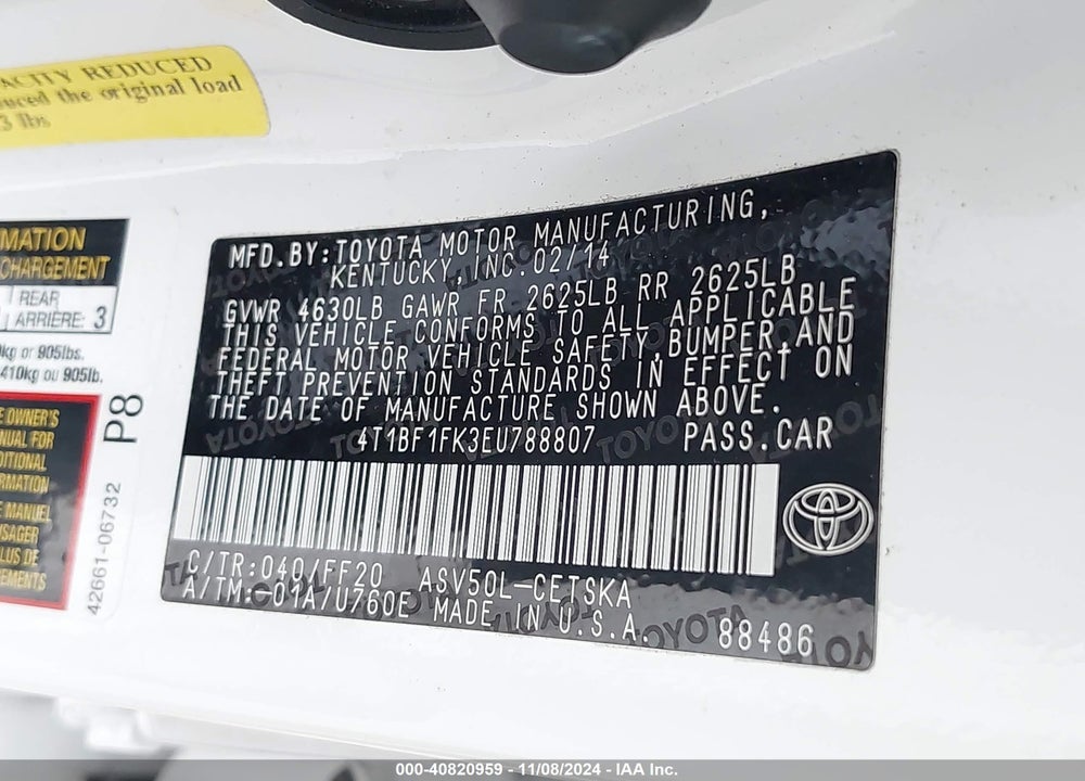 2014 TOYOTA CAMRY VIN: 4T1BF1FK3EU788807