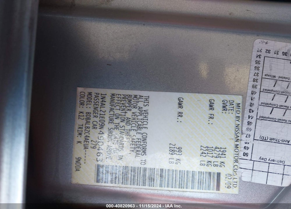 2009 NISSAN ALTIMA 2.5 S VIN: 1N4AL21E09N490463