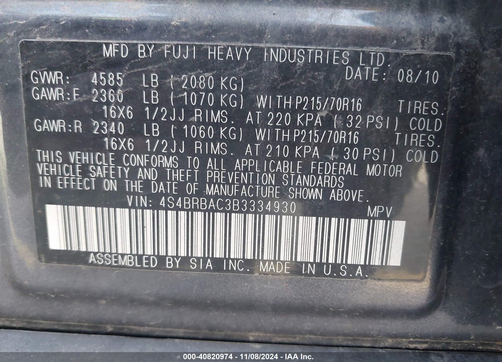 2011 SUBARU OUTBACK 2.5I VIN: 4S4BRBAC3B3334930