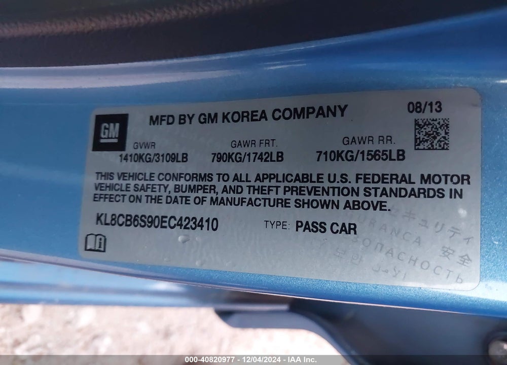 2014 CHEVROLET SPARK LS AUTO VIN: KL8CB6S90EC423410