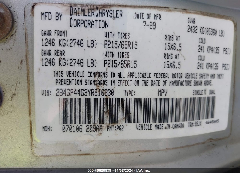 2000 DODGE GRAND CARAVAN SE VIN: 2B4GP44G3YR516330