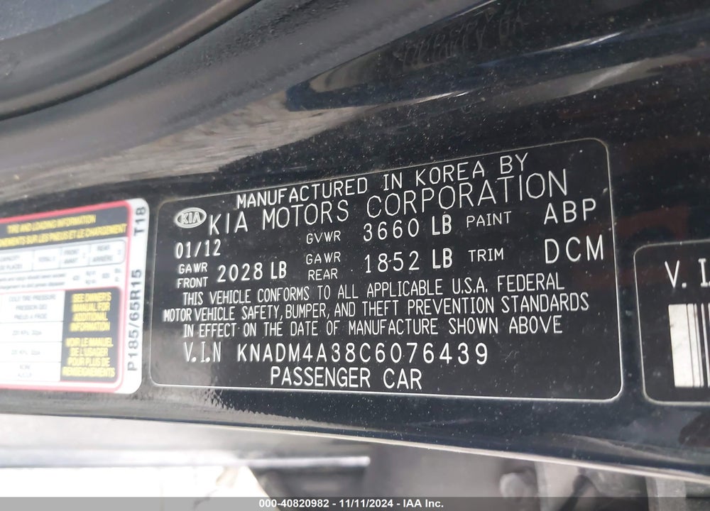 2012 KIA RIO LX VIN: KNADM4A38C6076439