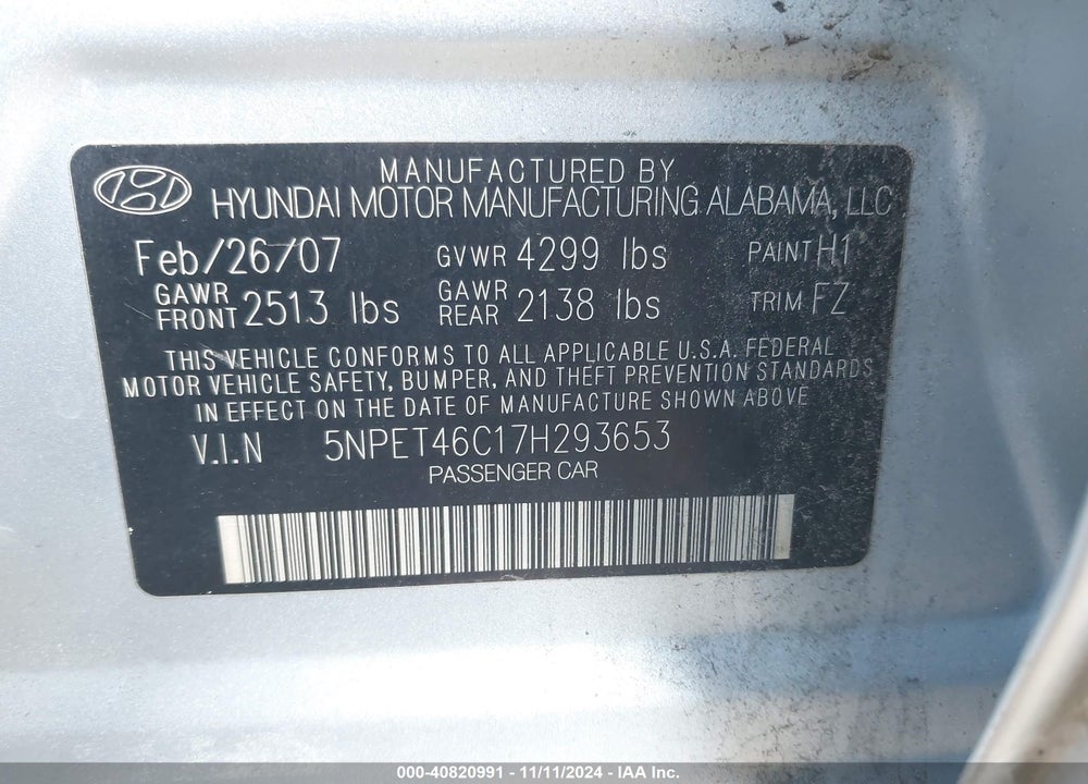 2007 HYUNDAI SONATA GLS VIN: 5NPET46C17H293653