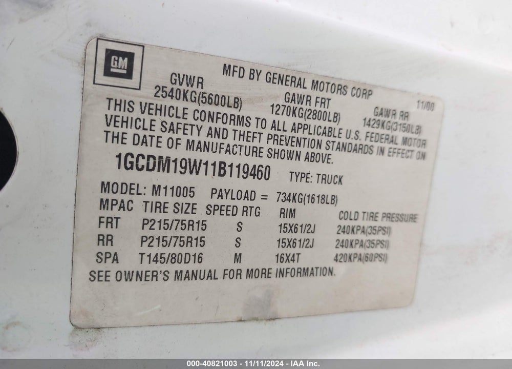 2001 CHEVROLET ASTRO VIN: 1GCDM19W11B119460