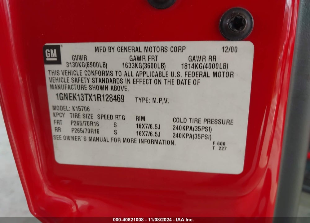 2001 CHEVROLET TAHOE LT VIN: 1GNEK13TX1R128469