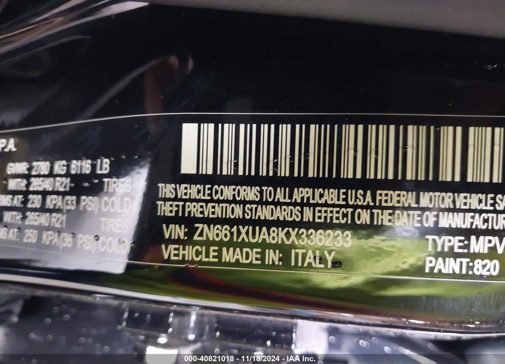 2019 MASERATI LEVANTE VIN: ZN661XUA8KX336233