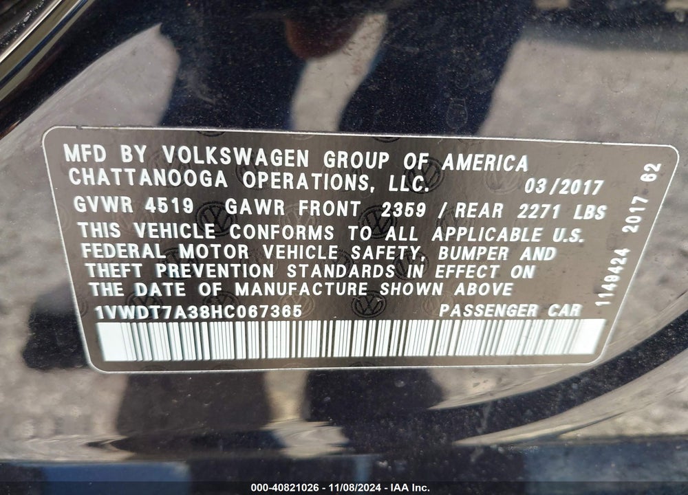 2017 VOLKSWAGEN PASSAT 1.8T R-LINE VIN: 1VWDT7A38HC067365