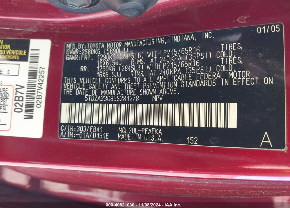 2005 TOYOTA SIENNA LE VIN: 5TDZA23C85S281278