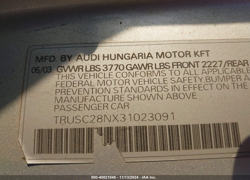 2003 AUDI TT 1.8L VIN: TRUSC28NX31023091