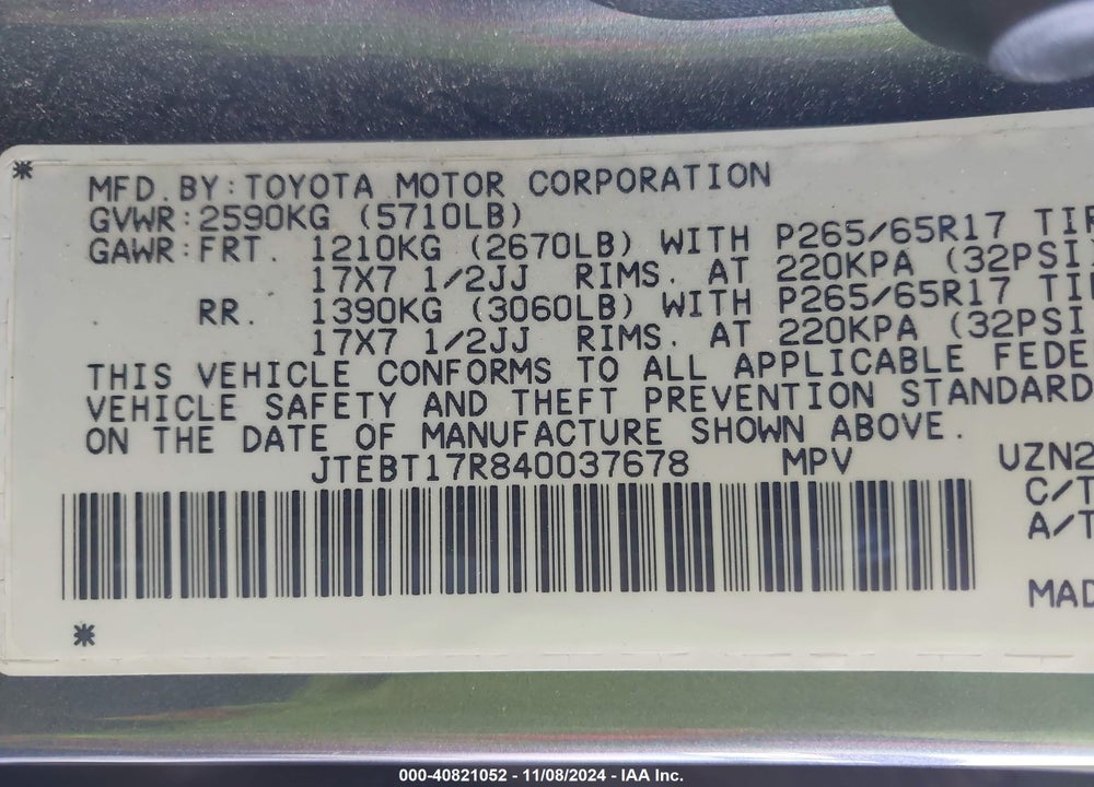 2004 TOYOTA 4RUNNER LIMITED V8 VIN: JTEBT17R840037678