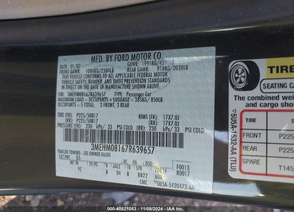 2007 MERCURY MILAN V6 PREMIER VIN: 3MEHM08167R639657