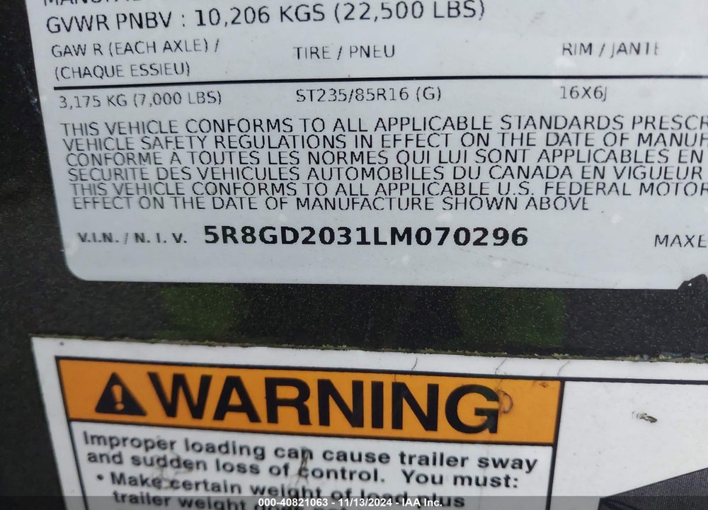 2020 MAXEY TRAILERS MFG DUMP TRAILER 20FT VIN: 5R8GD2031LM070296