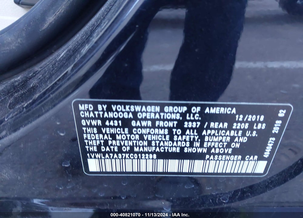 2019 VOLKSWAGEN PASSAT VIN: 1VWLA7A37KC012298