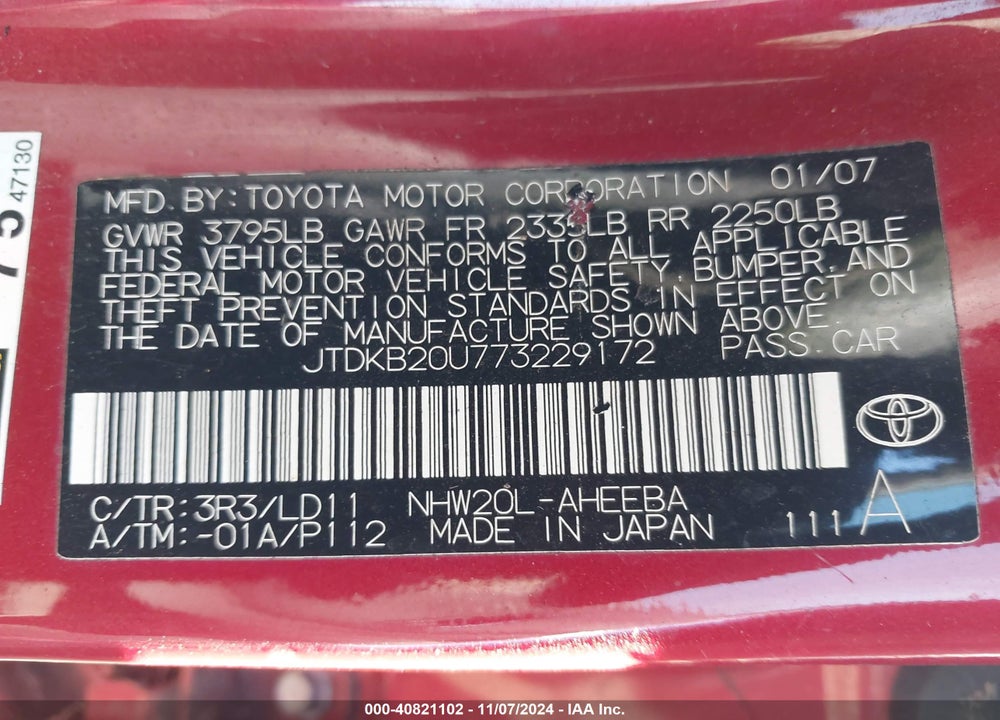 2007 TOYOTA PRIUS VIN: JTDKB20U773229172