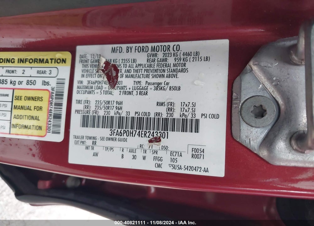 2014 FORD FUSION SE VIN: 3FA6P0H74ER243301